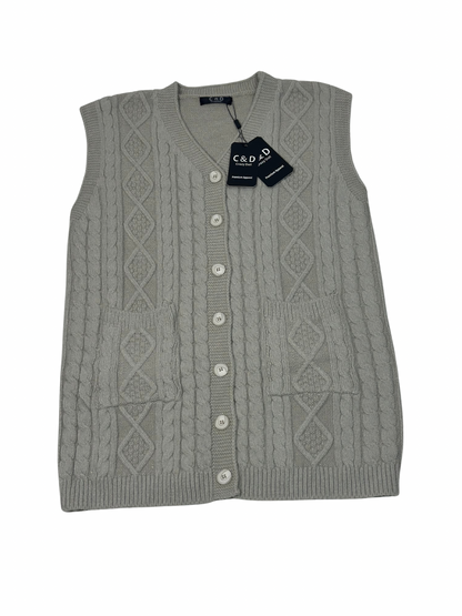 Cozy&Drape sleeveless wool cardigan sweater in grey with a cable knit pattern, front buttons, and two pockets.