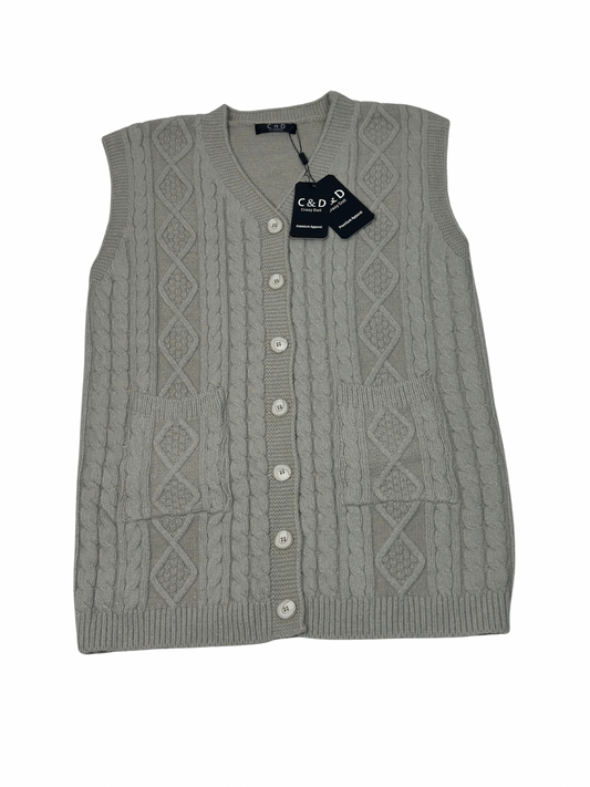 Cozy&Drape sleeveless wool cardigan sweater in grey with a cable knit pattern, front buttons, and two pockets.