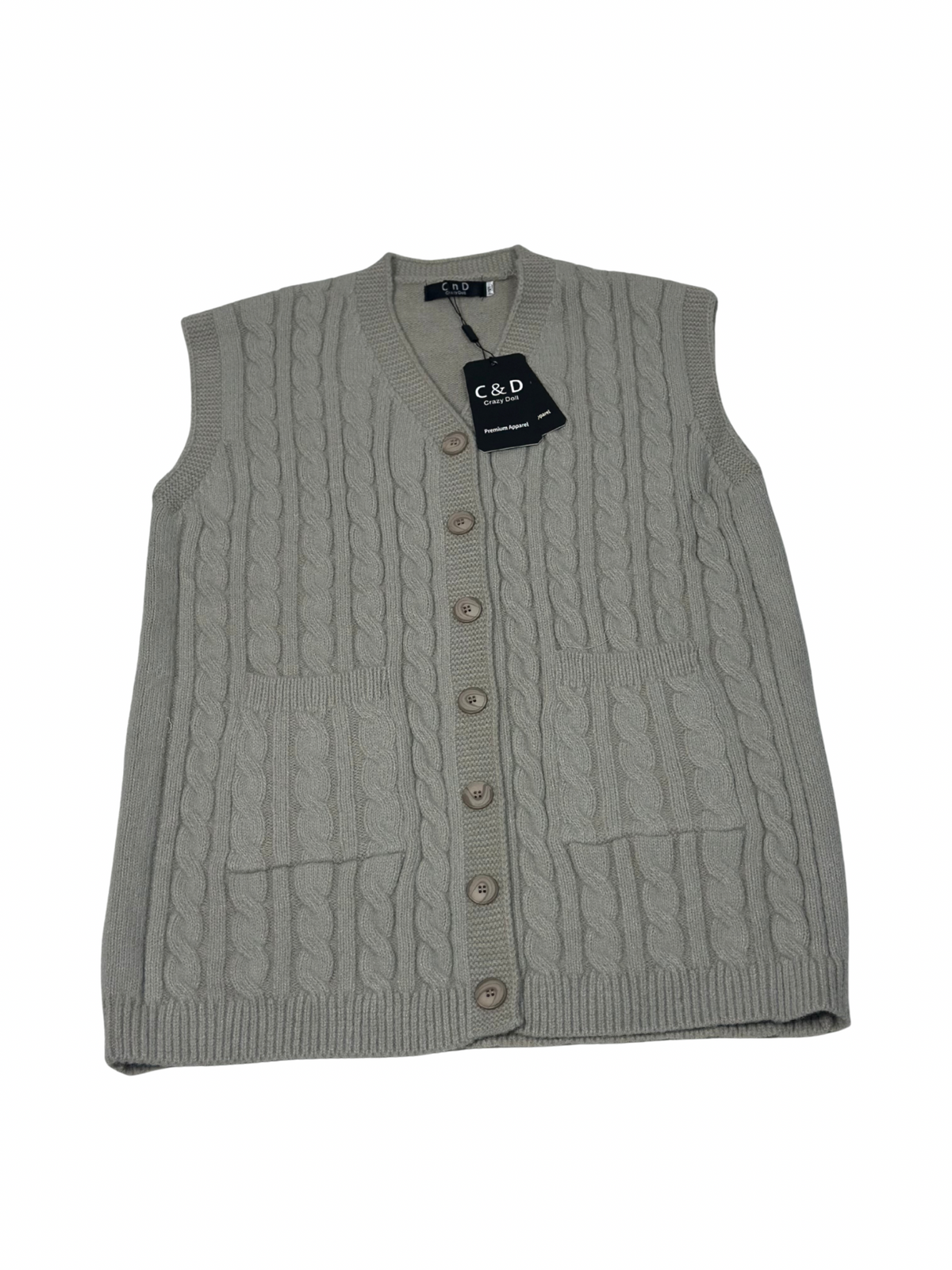 Cozy&Drape sleeveless cable knit cardigan sweater in grey wool with front buttons and pockets