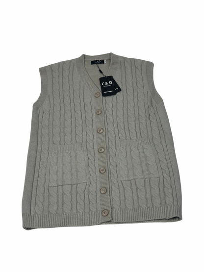 Cozy&Drape sleeveless cable knit cardigan sweater in grey wool with front buttons and pockets