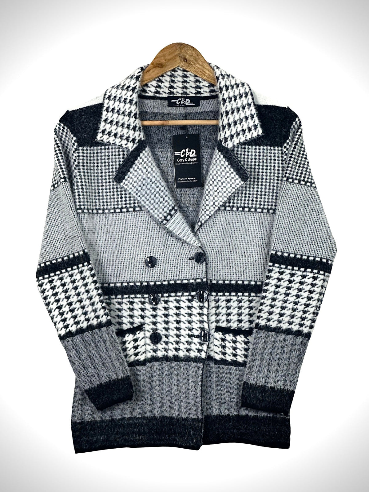 Cozy&Drape short cardigan sweater coat featuring a black and white houndstooth pattern and double-breasted buttons