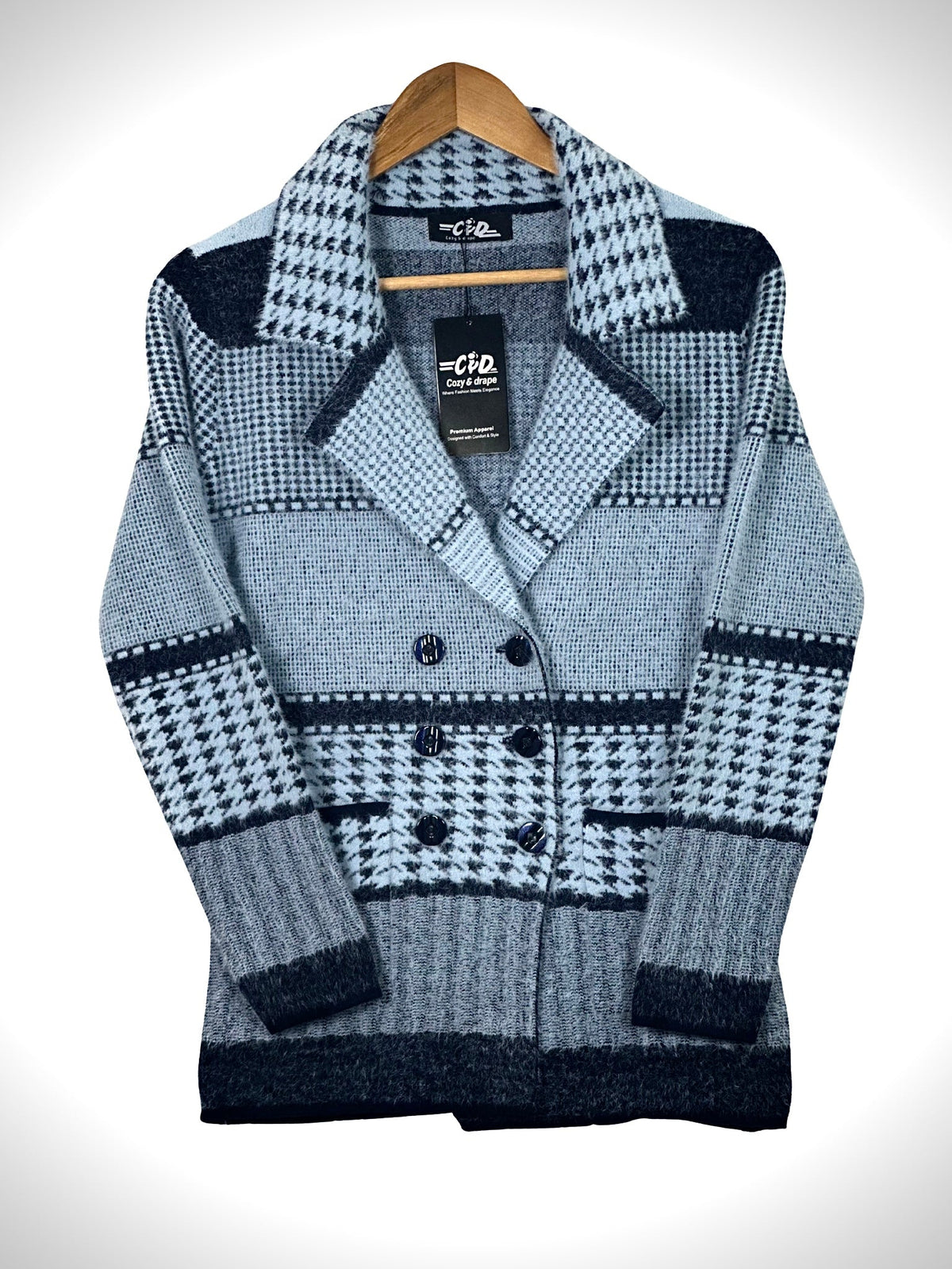 Cozy&Drape short cardigan sweater coat in light blue and navy with a houndstooth pattern and double-breasted buttons.