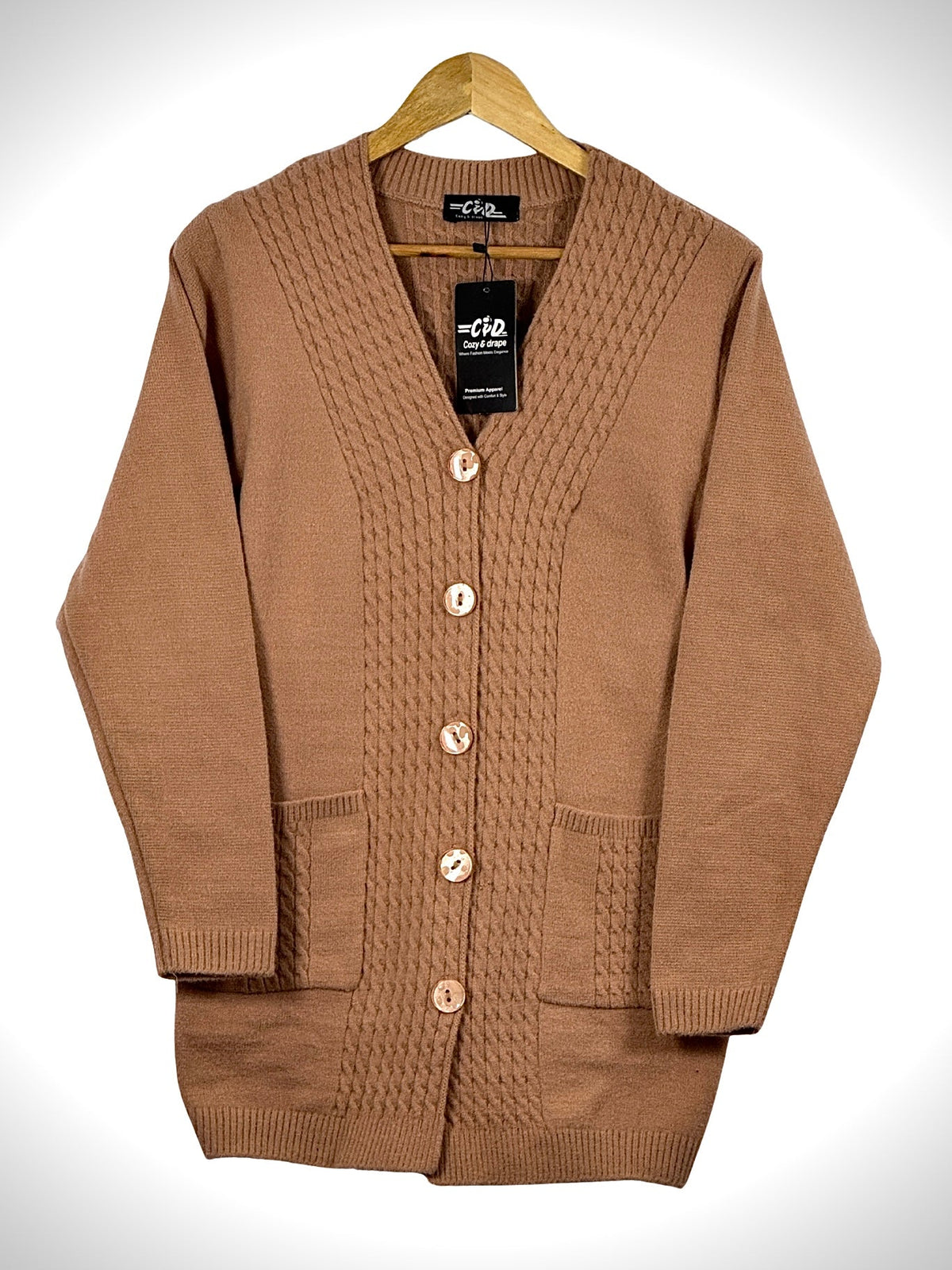 Cozy&Drape long brown cardigan sweater with a button-up front, ribbed texture details, and two front pockets.