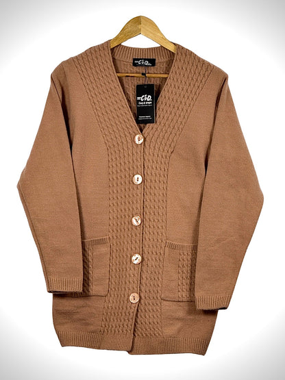 Cozy&Drape long brown cardigan sweater with a button-up front, ribbed texture details, and two front pockets.