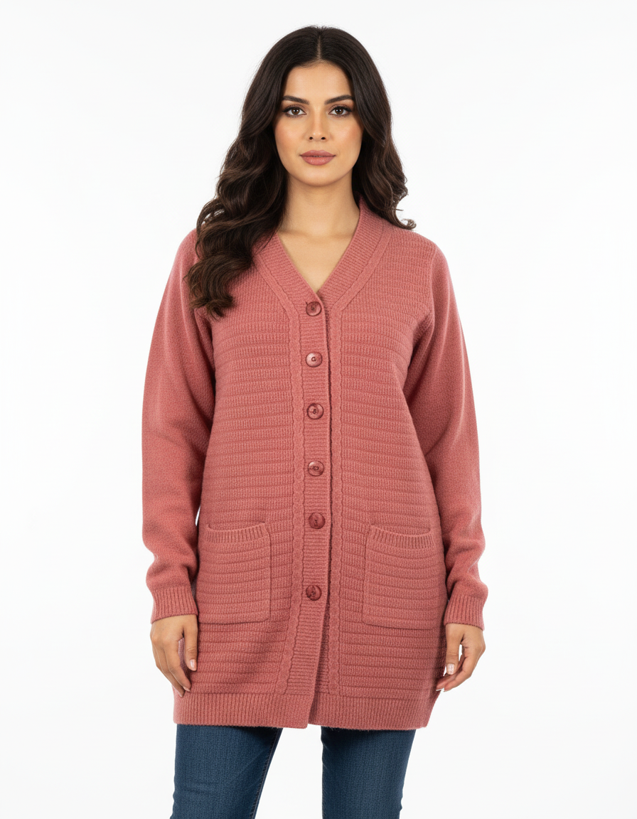 Cozy&Drape long dusty rose button-up cardigan sweater with ribbed texture and front pockets worn by a woman