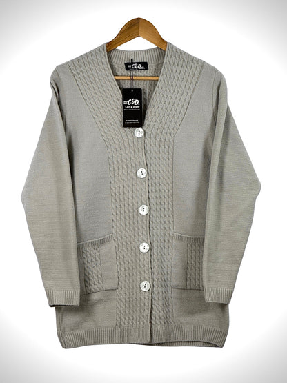 Cozy&Drape long grey knit cardigan sweater with front buttons, cable knit details, and two convenient pockets.