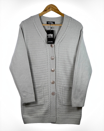 Cozy&Drape grey long-sleeve cardigan sweater with a V-neck, button-front closure, and two front pockets.