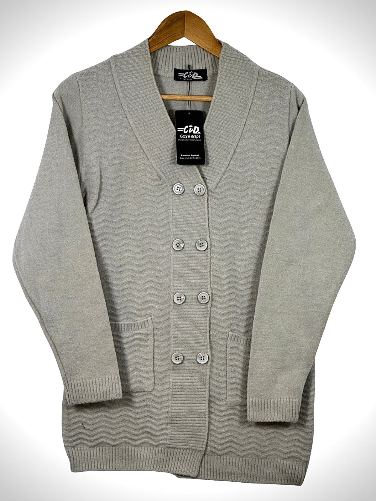Cozy&Drape long grey knit cardigan sweater with a V-neck, double-breasted button front, and two patch pockets.