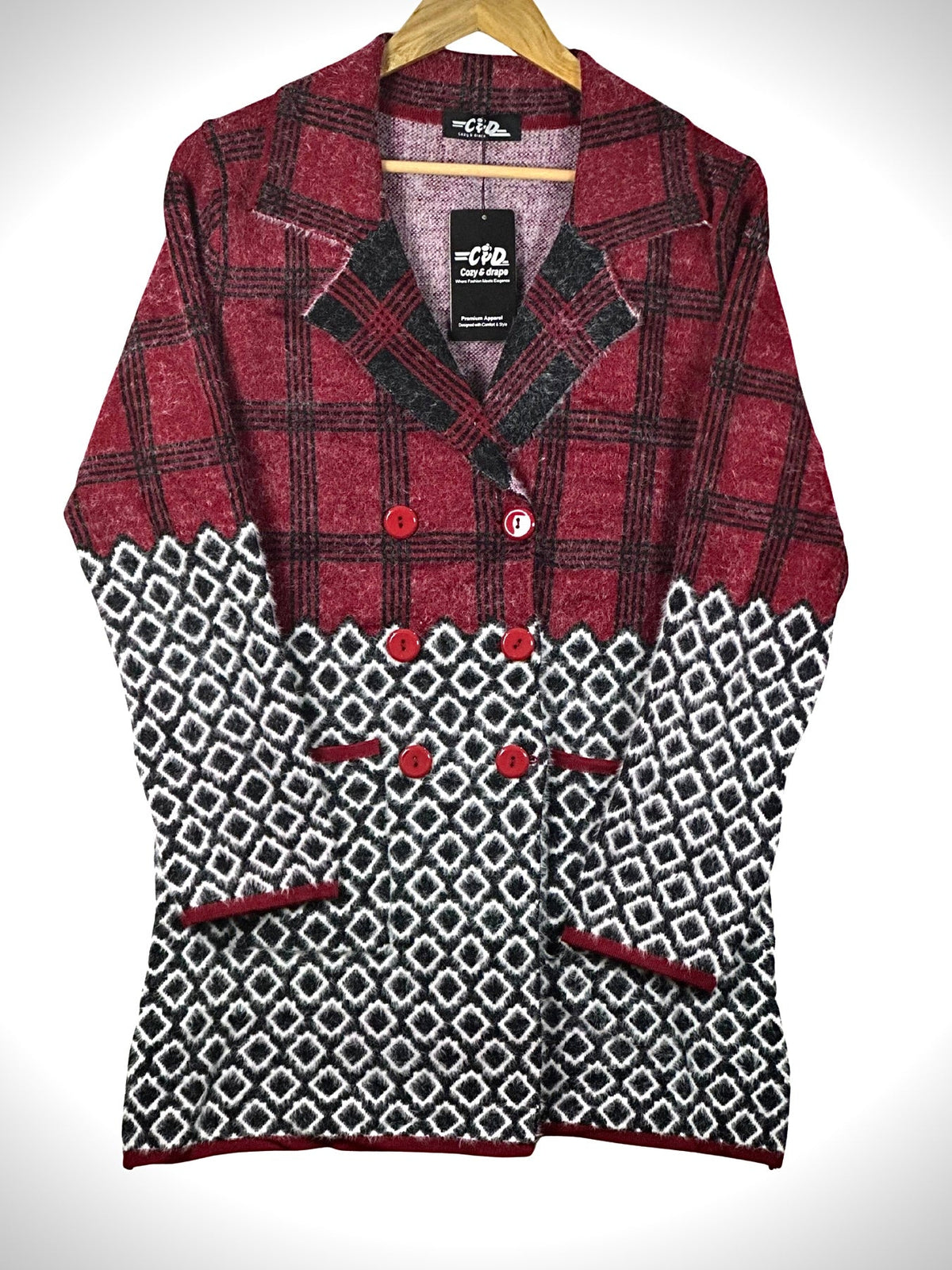 Cozy&Drape long cardigan sweater coat in red and black with a plaid top and geometric patterned bottom