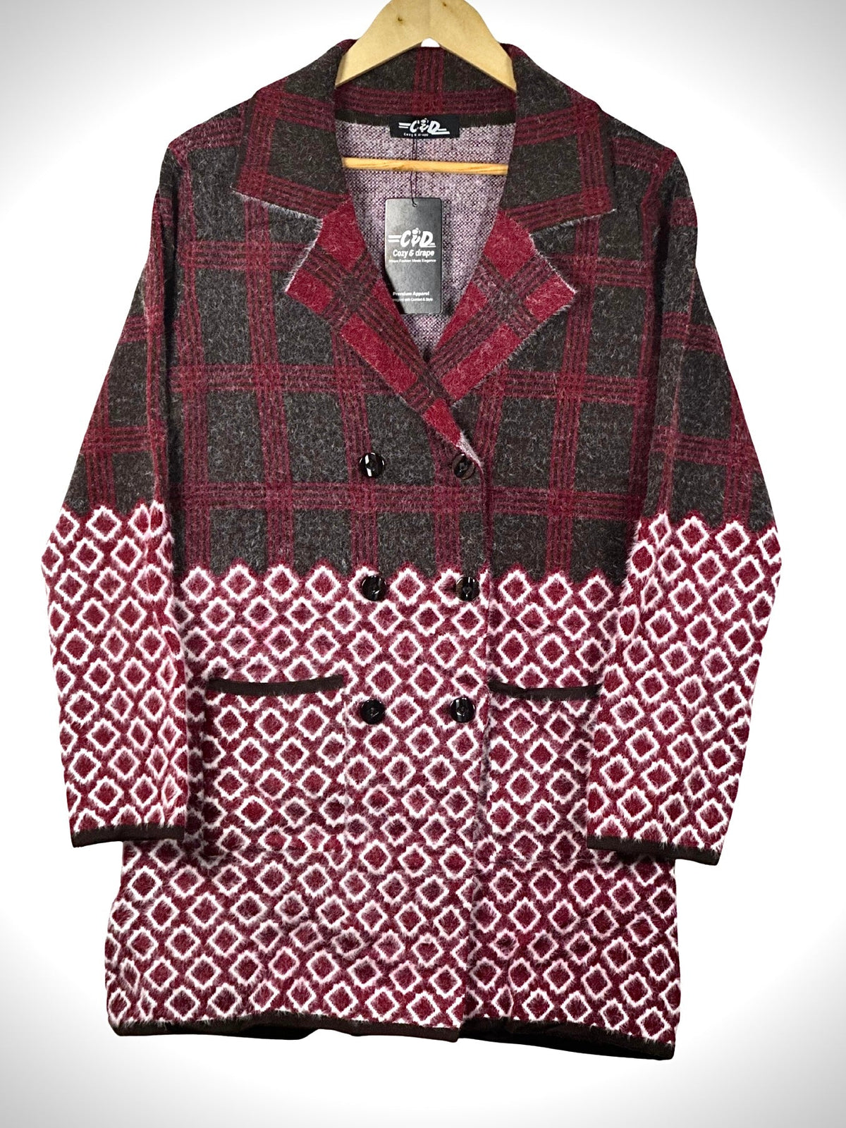 Cozy&Drape long cardigan sweater coat featuring a burgundy and dark grey plaid top with a geometric diamond pattern