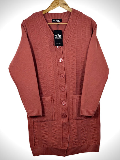 Cozy&Drape long sleeve button front cardigan in dusty rose with a textured knit pattern and two front pockets.