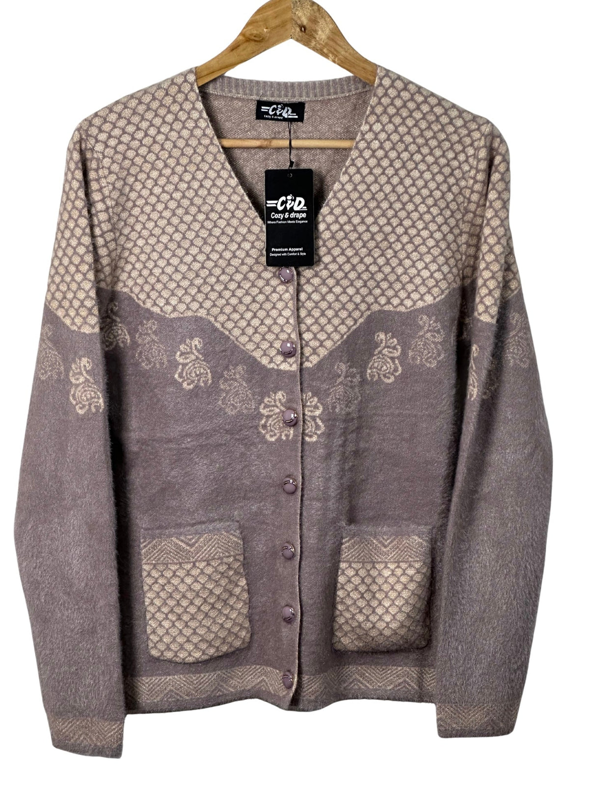 Cozy&Drape button-up cardigan sweater in mauve and beige with a textured geometric pattern and front pockets.