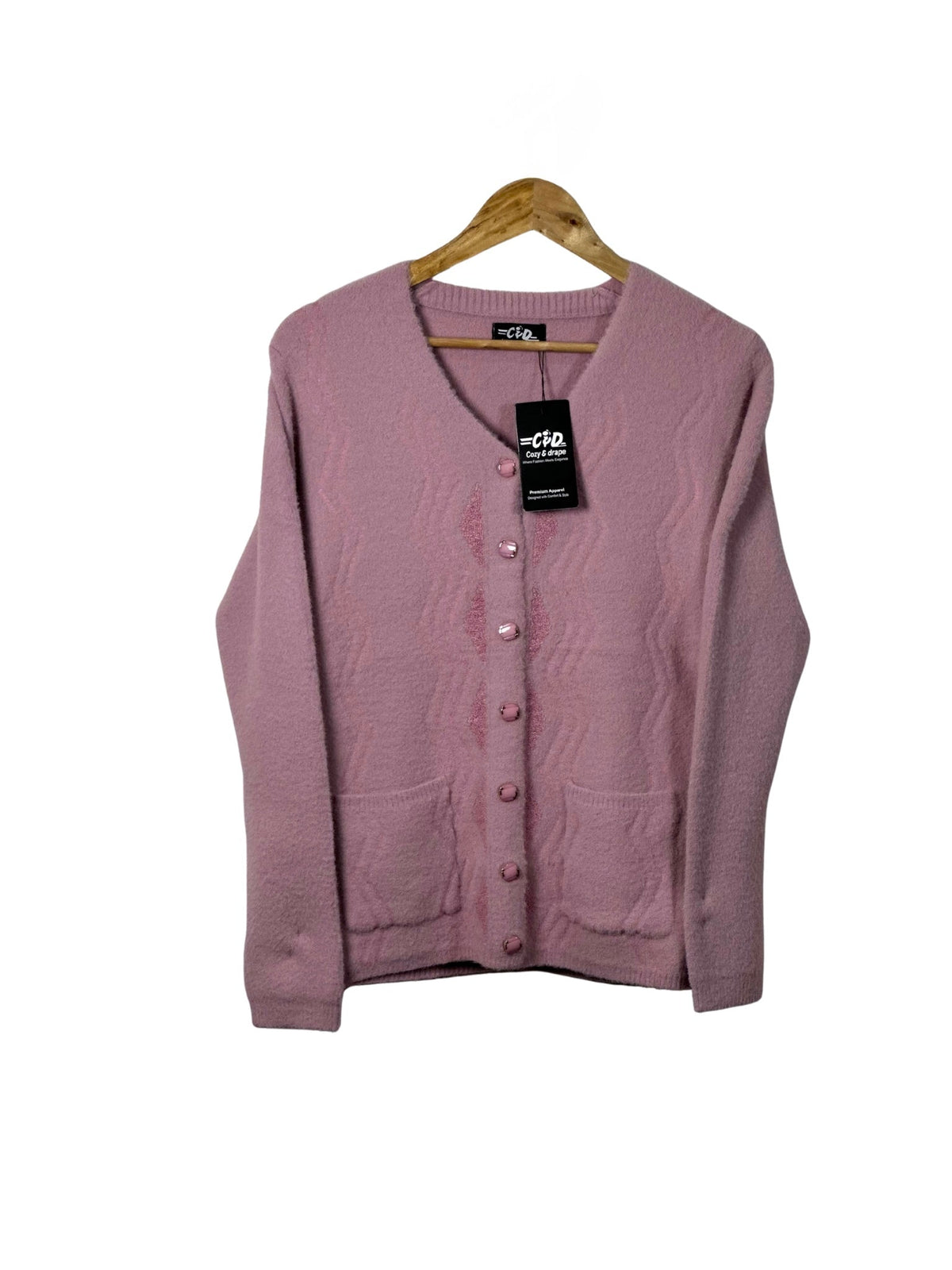 Cozy&Drape mauve full-sleeve cardigan sweater with front buttons and pockets on a wooden hanger