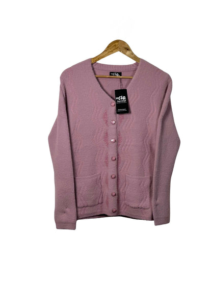 Cozy&Drape mauve full-sleeve cardigan sweater with front buttons and pockets on a wooden hanger
