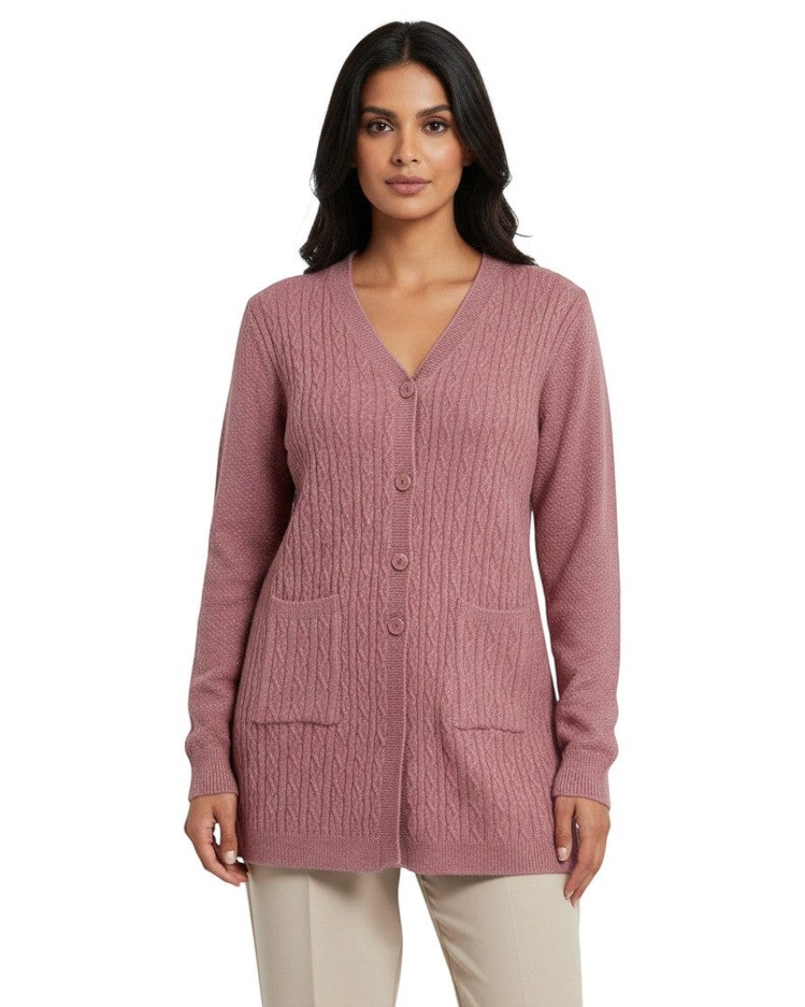 Cozy&Drape mauve cable-knit button-down cardigan with V-neck and front pockets worn by a model
