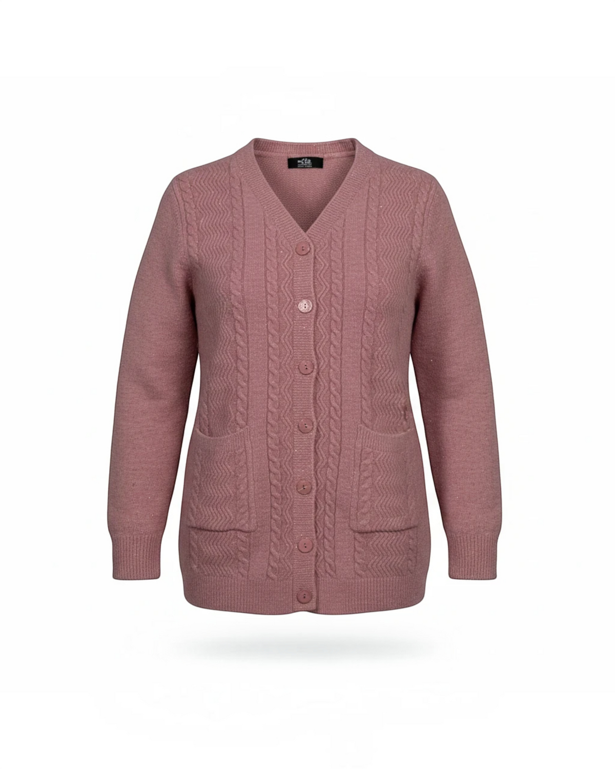 Cozy&Drape mauve cable-knit cardigan with V-neck, button front, and two pockets in a soft, shimmering knit fabric.