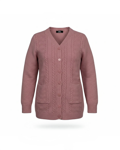 Cozy&Drape mauve cable-knit cardigan with V-neck, button front, and two pockets in a soft, shimmering knit fabric.