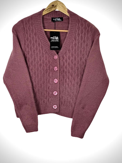 Cozy&Drape extra short mauve cardigan sweater with cable knit texture and matching buttons on a wooden hanger