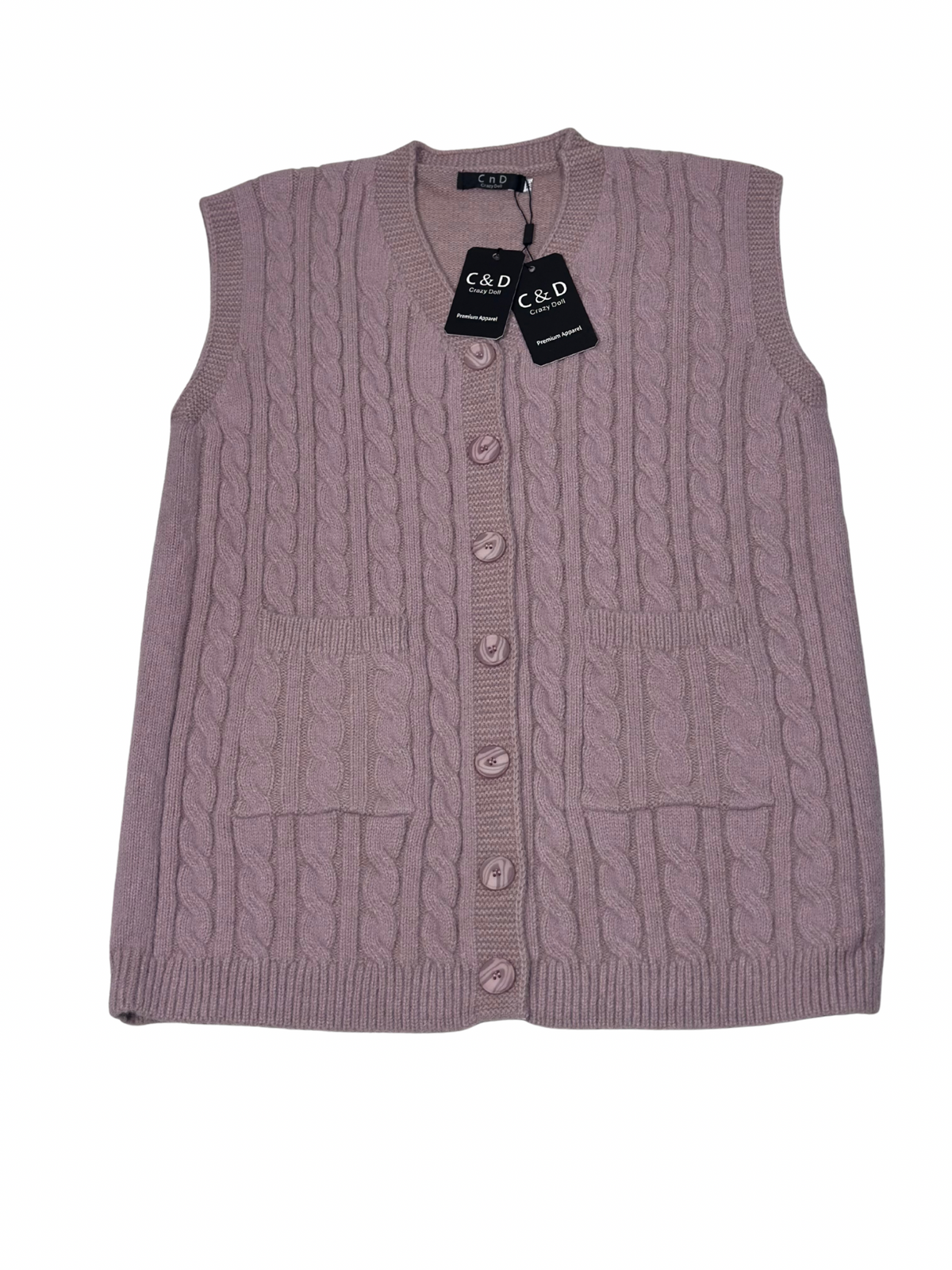 Cozy&Drape mauve sleeveless wool cardigan sweater with cable knit texture, front buttons, and two patch pockets.