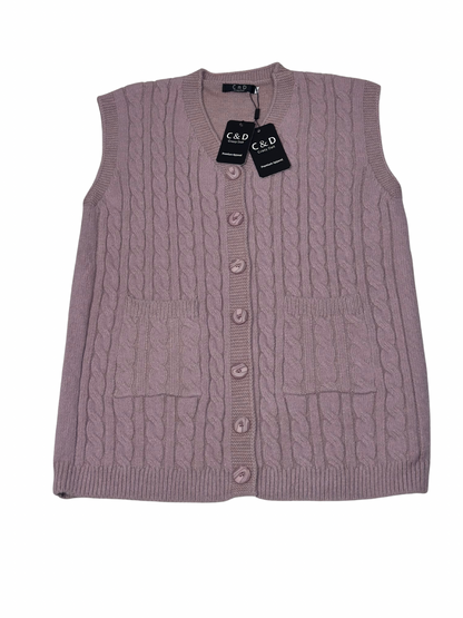 Cozy&Drape mauve sleeveless wool cardigan sweater with cable knit texture, front buttons, and two patch pockets.