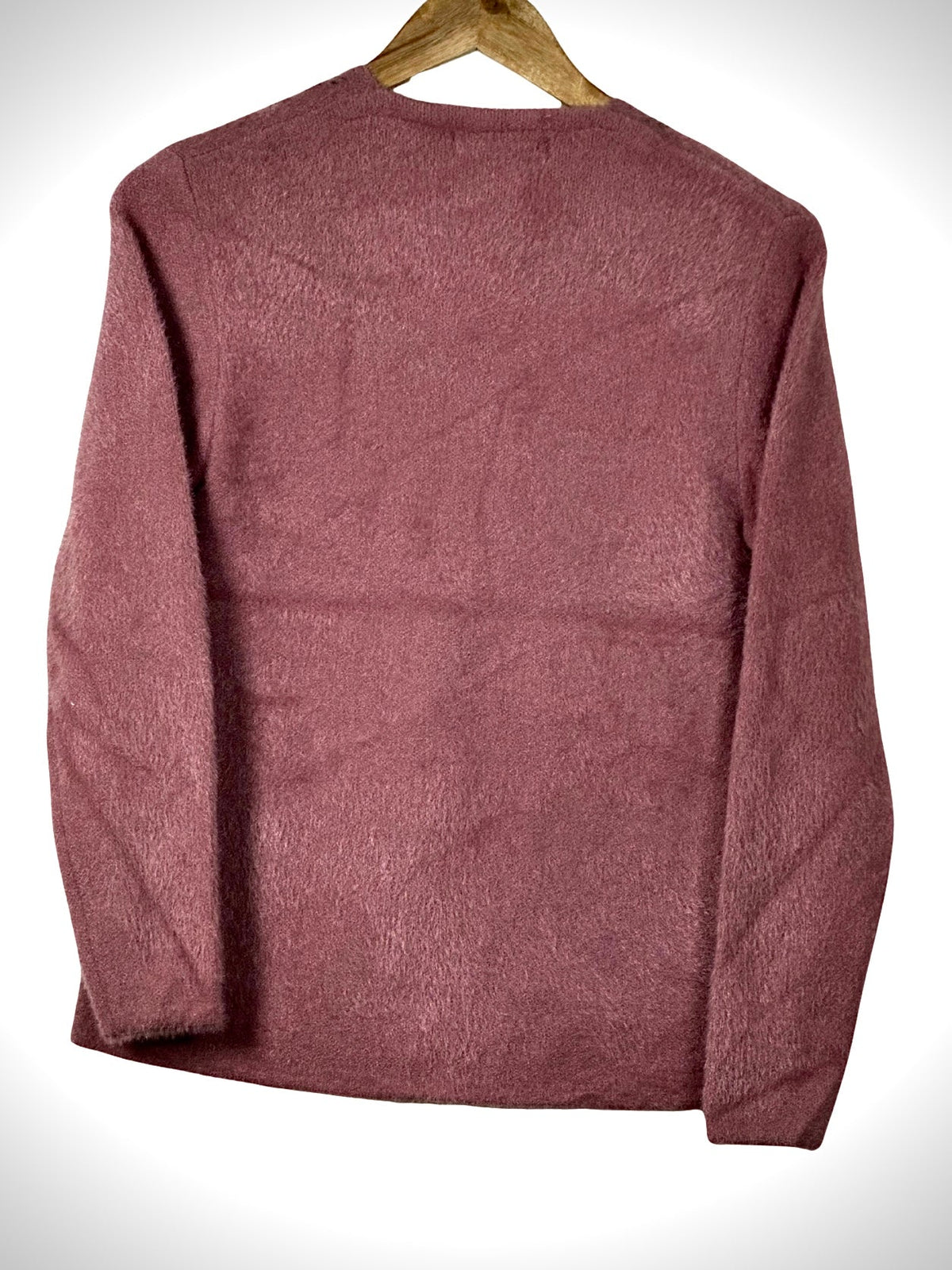 Cozy&Drape mauve full sleeve cardigan sweater with a soft textured knit finish hanging on a wooden hanger