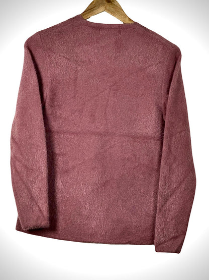 Cozy&Drape mauve full sleeve cardigan sweater with a soft textured knit finish hanging on a wooden hanger