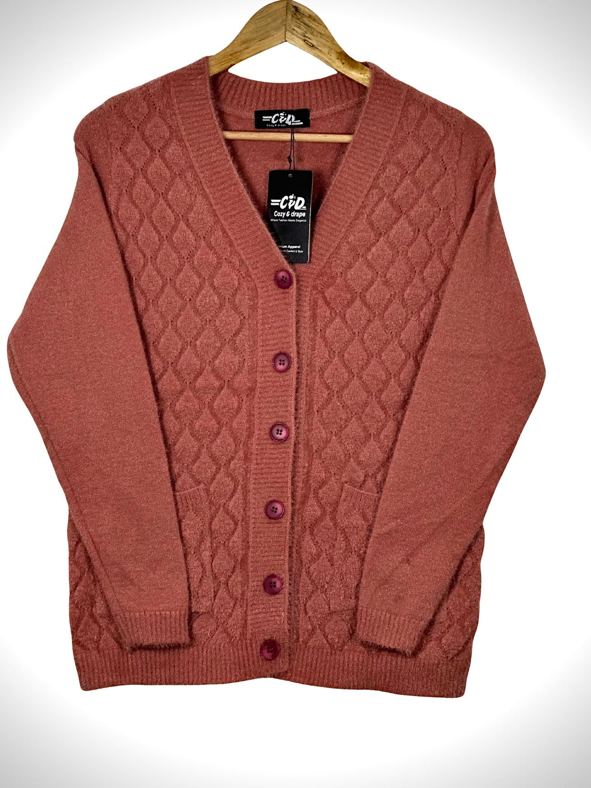 Cozy&Drape mauve button-down cardigan sweater with a textured diamond knit pattern and front pockets