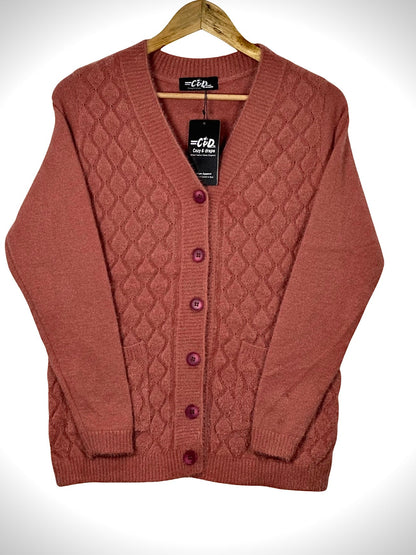 Cozy&Drape mauve button-down cardigan sweater with a textured diamond knit pattern and front pockets