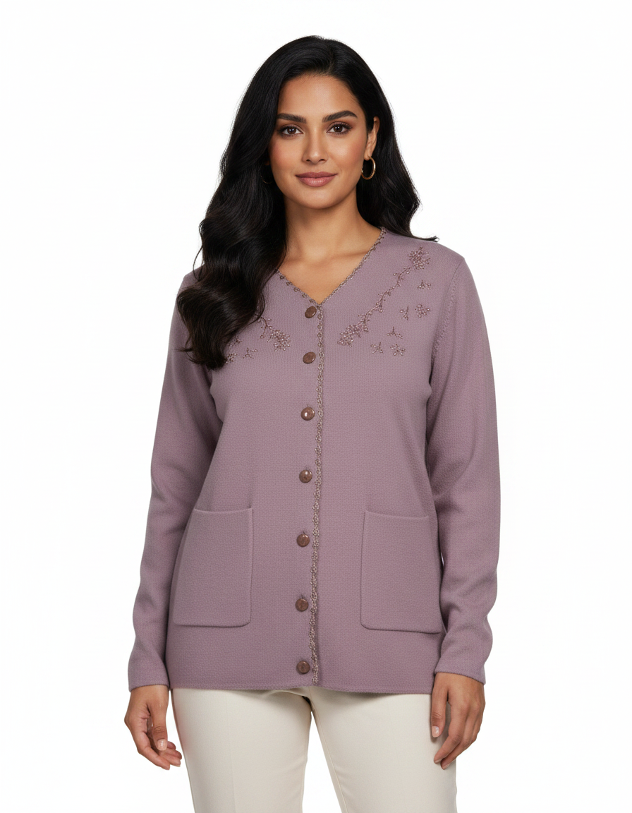 Cozy&Drape mauve knit cardigan with V-neck, floral embroidery, button-down front, and pockets worn by a model