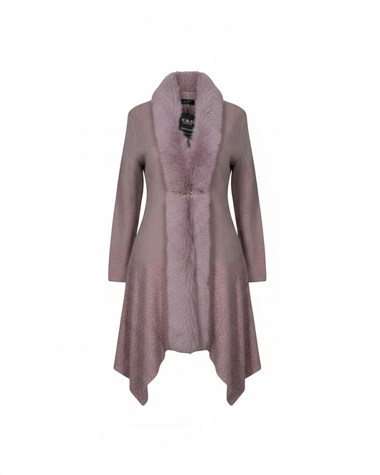 Cozy&Drape mauve knit cardigan with faux fur collar, asymmetrical hem, and decorative metal front clasp.