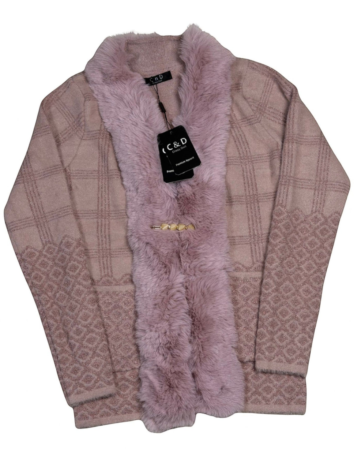Cozy&Drape mauve knit cardigan with faux fur trim, metallic thread, geometric plaid pattern, and decorative clasp.