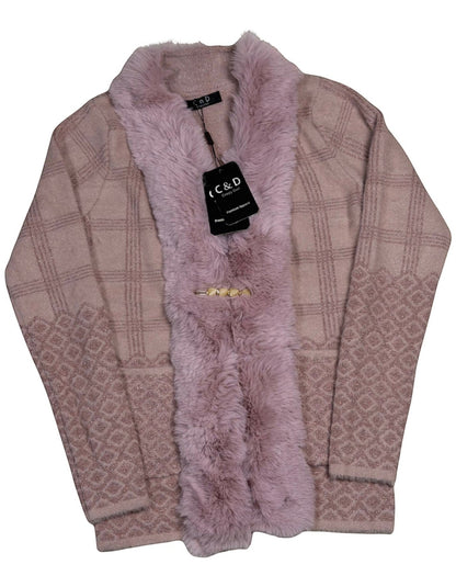 Cozy&Drape mauve knit cardigan with faux fur trim, metallic thread, geometric plaid pattern, and decorative clasp.