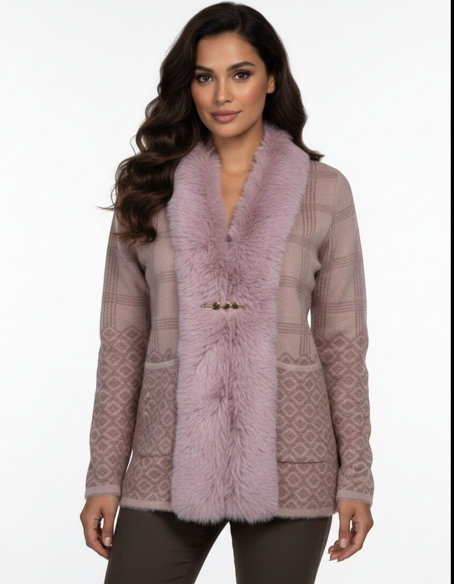 Cozy&Drape mauve knit cardigan with faux fur trim, geometric pattern, and decorative clasp closure on a model