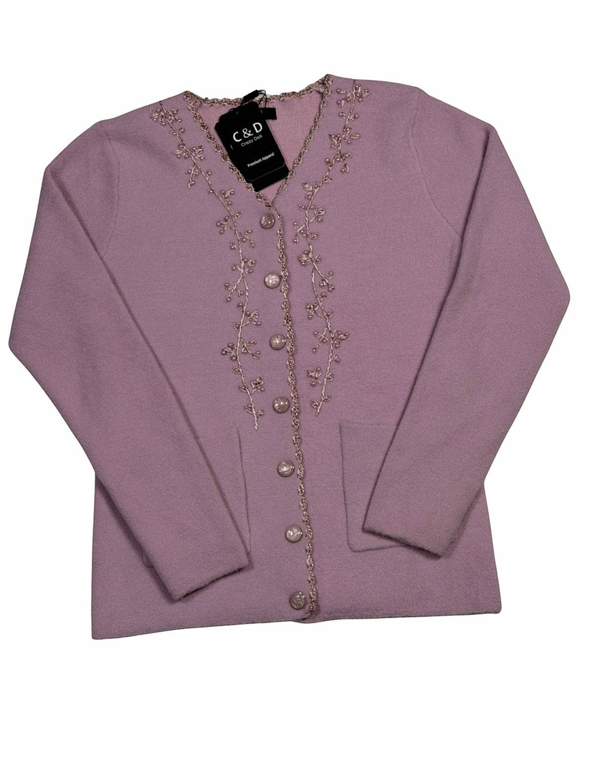 Cozy&Drape mauve knit cardigan with V-neck, floral embroidery along the button placket, and two front pockets.