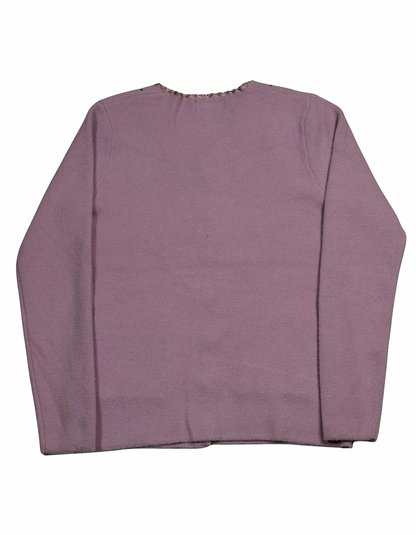 Back view of a Cozy&Drape mauve knit cardigan sweater with long sleeves and a soft texture