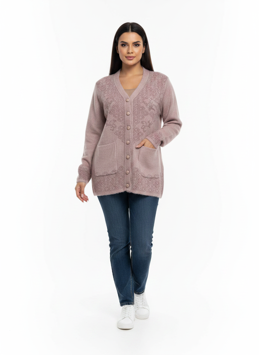 Model wearing a Cozy&Drape mauve V-neck knit cardigan with geometric patterns, button front, and pockets over jeans.