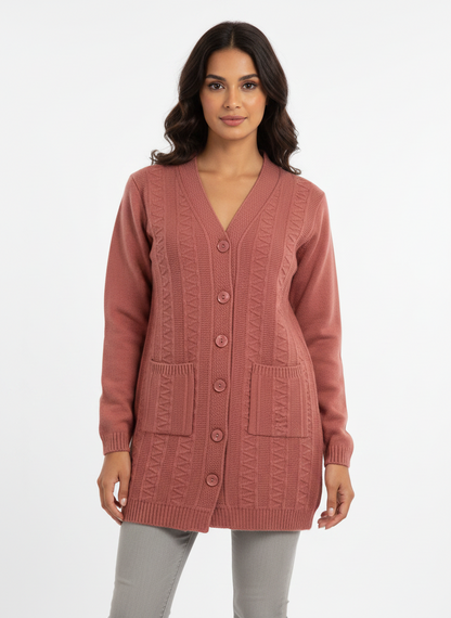 Model wearing a Cozy&Drape long-line mauve knit cardigan with a V-neck, button front, and two front pockets.