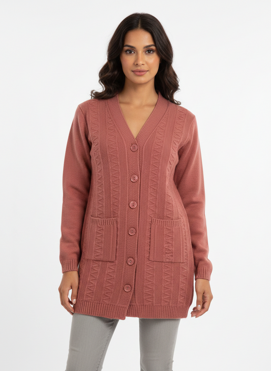 Model wearing a Cozy&Drape long-line mauve knit cardigan with a V-neck, button front, and two front pockets.