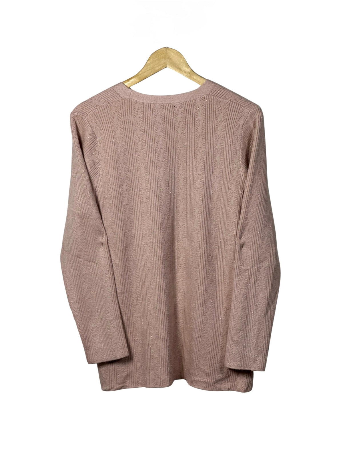 Cozy&Drape mauve pink full-sleeved open cardigan sweater with a ribbed knit texture hanging on a wooden hanger