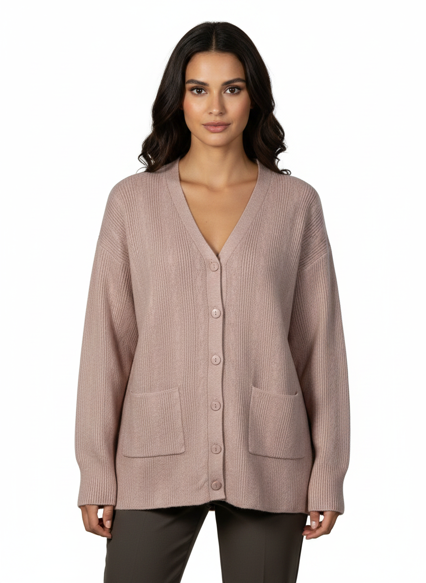 Model wearing a Cozy&Drape mauve ribbed knit V-neck button-down cardigan with front pockets over dark trousers
