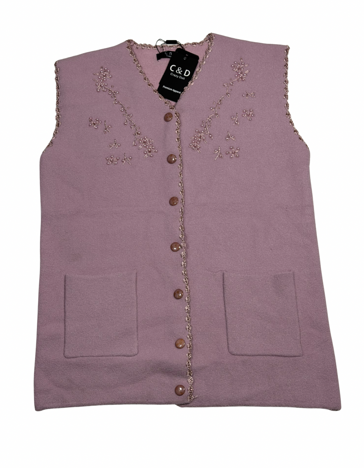 Cozy&Drape sleeveless wool cardigan in mauve with front pockets and delicate floral beadwork along the neckline.