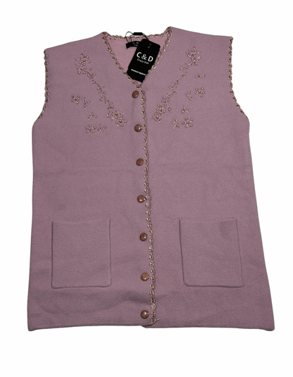 Cozy&Drape sleeveless wool cardigan in mauve with front pockets and delicate floral beadwork along the neckline.