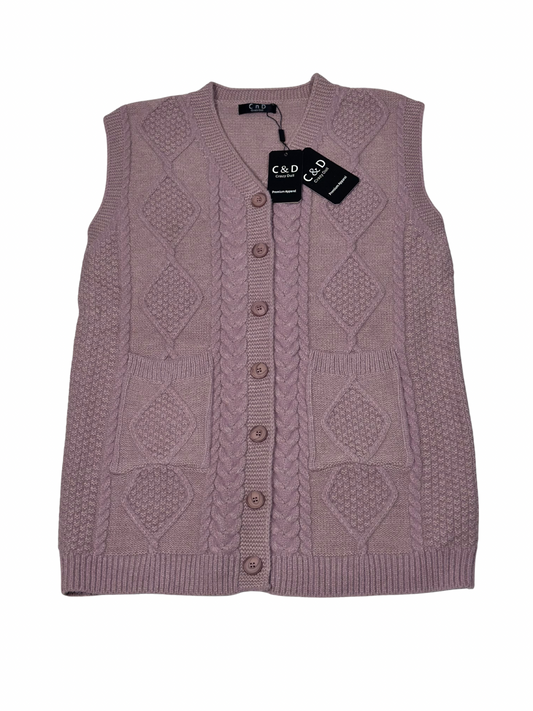 Cozy&Drape mauve wool sleeveless cardigan with a cable knit diamond pattern, button front, and two front pockets.