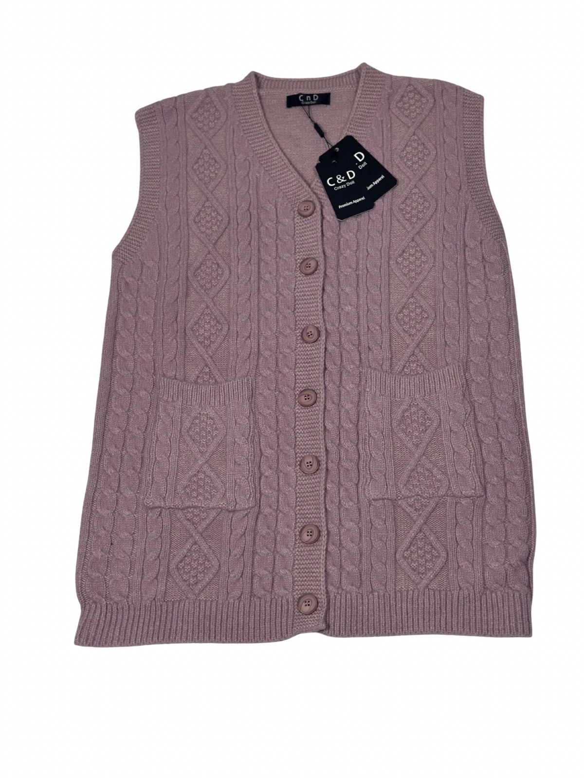 Cozy&Drape mauve sleeveless wool cardigan sweater with cable knit pattern, button front, and two patch pockets.