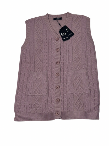 Cozy&Drape mauve sleeveless wool cardigan sweater with cable knit pattern, button front, and two patch pockets.