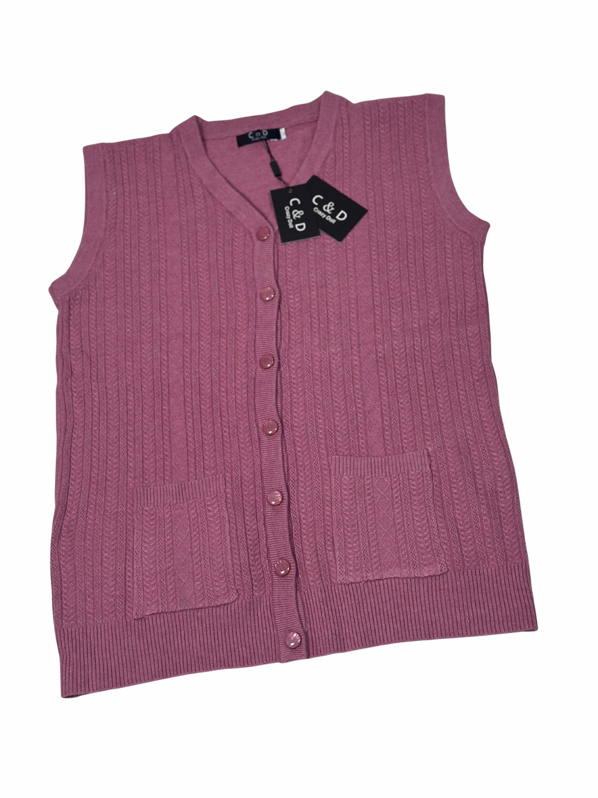 Cozy&Drape sleeveless wool cardigan in mauve with a V-neck, button-front closure, and two front patch pockets.