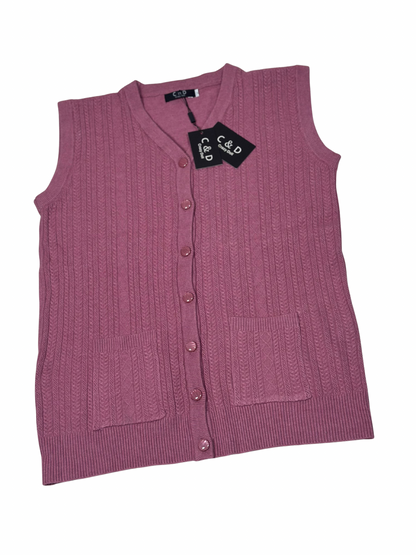 Cozy&Drape sleeveless wool cardigan in mauve with a V-neck, button-front closure, and two front patch pockets.