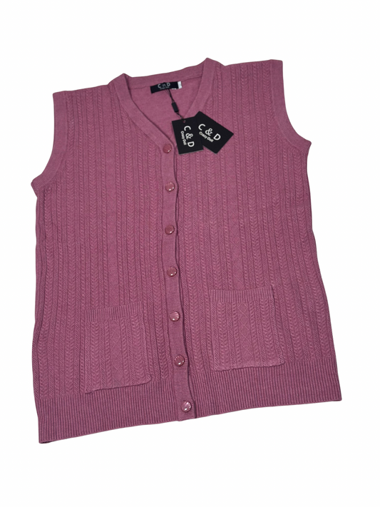 Cozy&Drape sleeveless wool cardigan in mauve with a V-neck, button-front closure, and two front patch pockets.