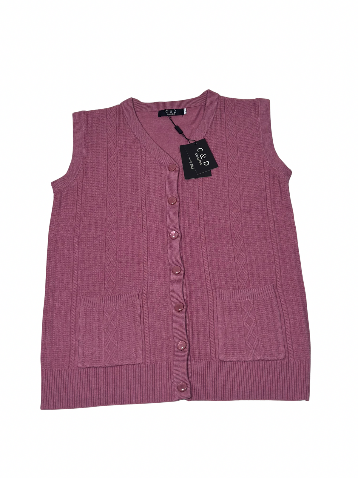 Cozy&Drape sleeveless wool cardigan sweater in mauve with a button-front, cable knit texture, and two front pockets.