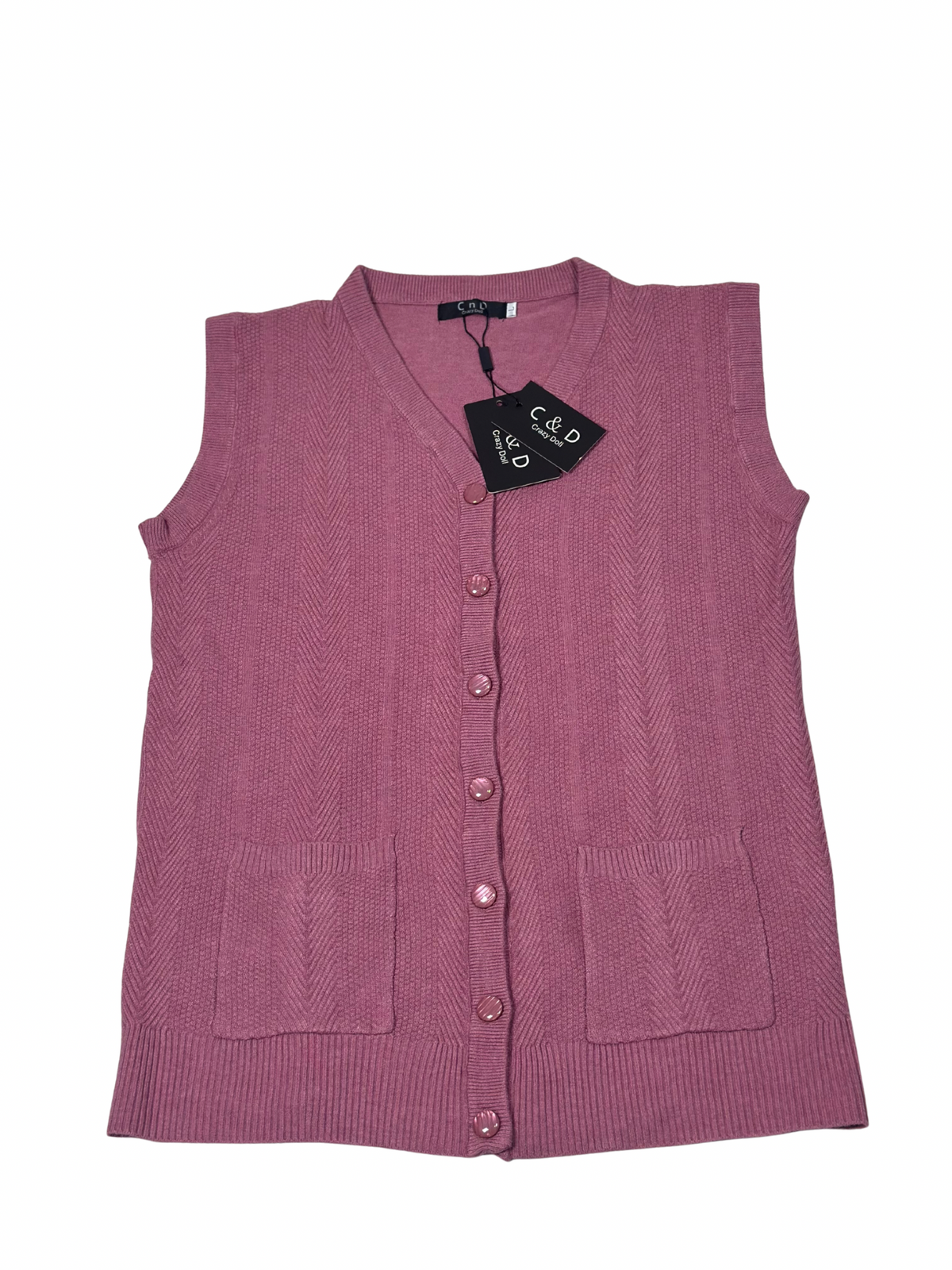 Cozy&Drape sleeveless wool cardigan in mauve with a button-up front, V-neck, and two functional front pockets.
